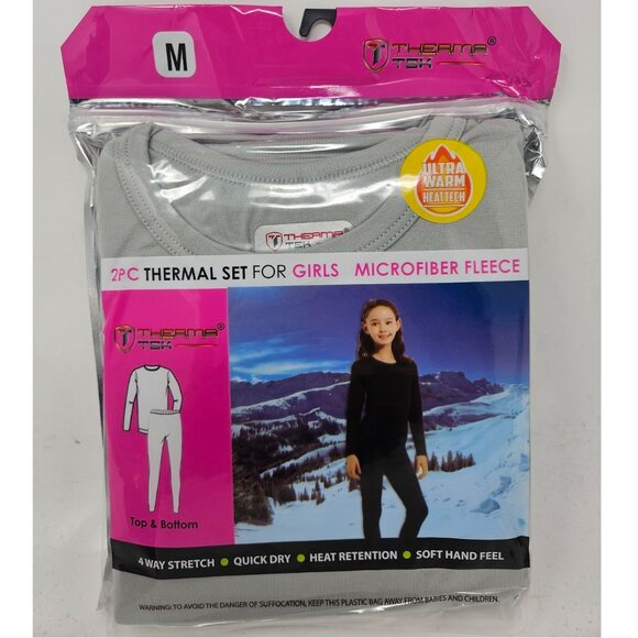 Girls Microfiber Fleece Thermal Long Johns 2-pc Set, Grey - Picture 1 of 4